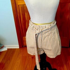 Love Tree Khaki and Cream Striped Paper Bag Waist Shorts L EUC High Waist